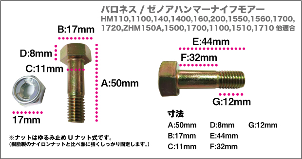 共栄社バロネス・ゼノア用ハンマーナイフモア取付ボルトナットセット【田舎の農機具専門店 １００％農家！くぢら】